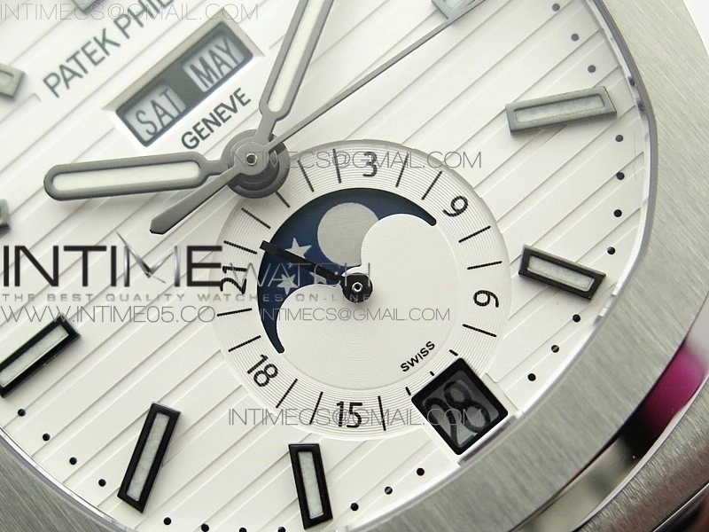 NAUTILUS 5726 SS GRF 1:1 BEST EDITION WHITE DIAL WORKING ANNUAL CALENDARON BLACK LEATHER STARP A.324 V2